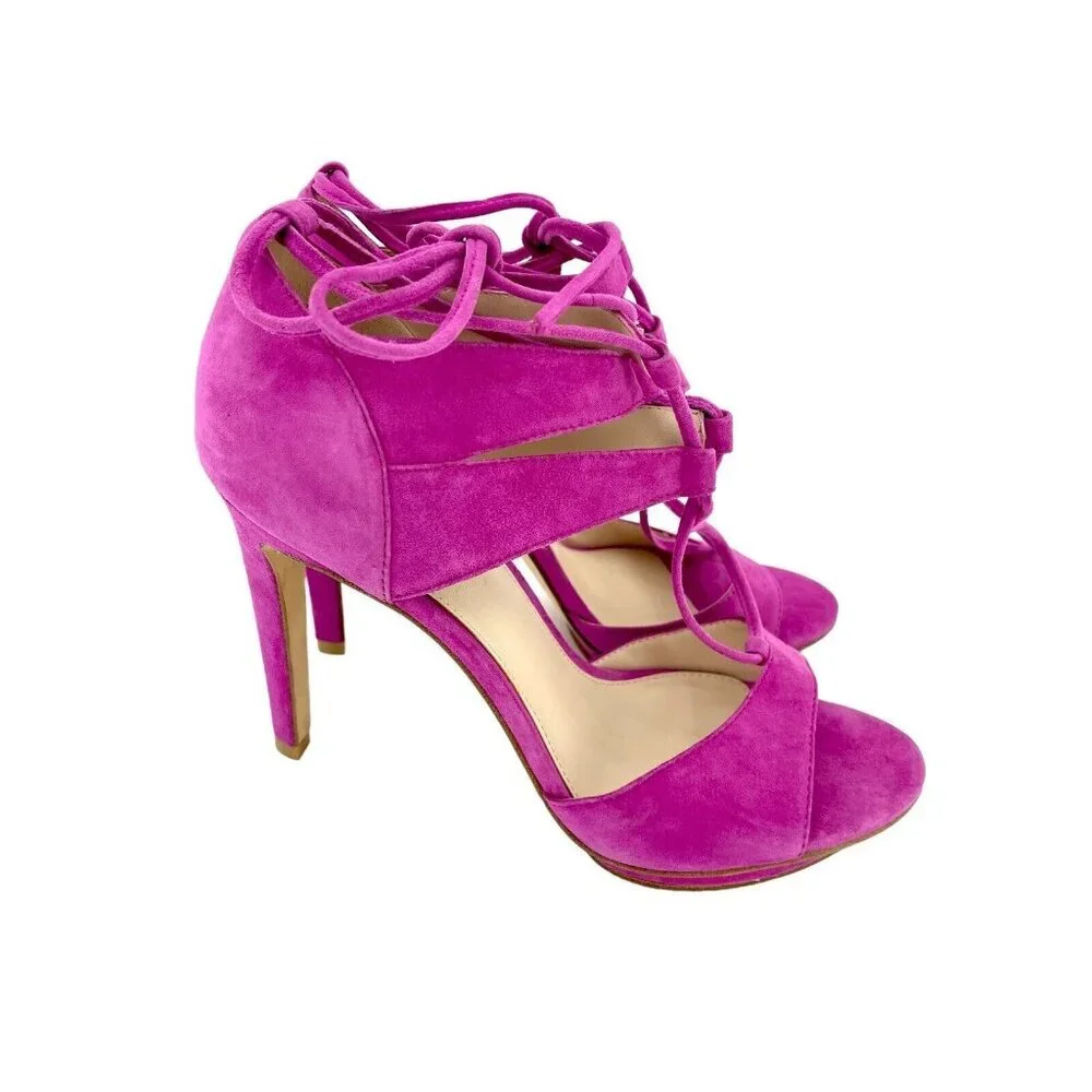 Pelle Moda Lace-Up Platform Dress Sandal Pink Suede Leather SZ 7.5 New